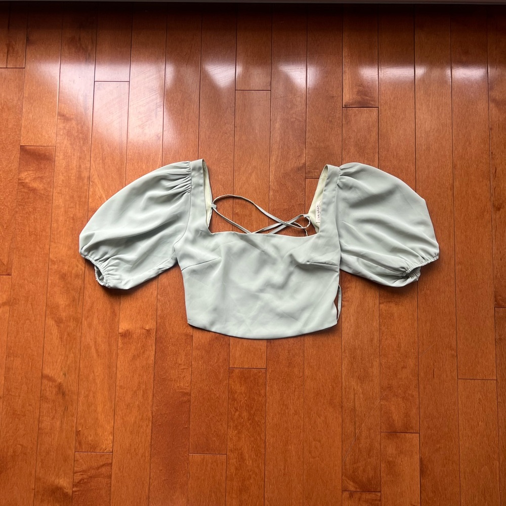 Elegant Sage Green Puff Sleeve Top with Open Back